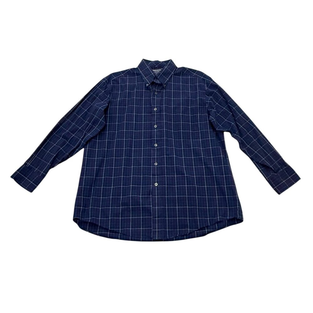 Men’s Club Room Navy Windowpane Button Down Shirt Cotton Size L 2000s